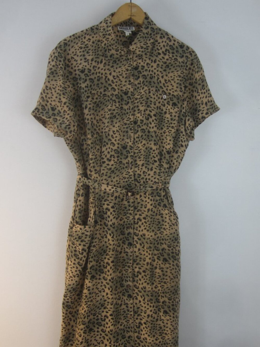 Vtg Robbie Bee Women 8 Tan Black Cheetah 100% Silk Belted SS Long Midi Dress Y